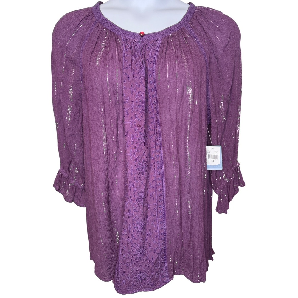 NWT Studio West Womens Embroidered Purple Eyelet Top Sz 3X Metallic Boho Peasant